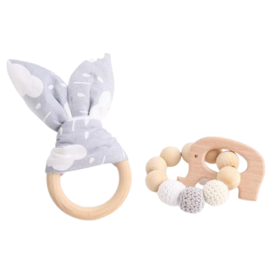 Lots de 2 anneaux de dentition en bois et crochet - oreille de lapin bleu clair