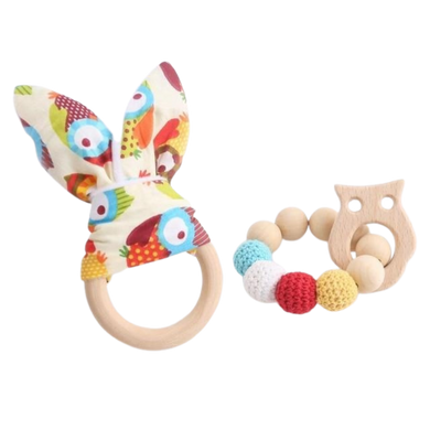 Lots de 2 anneaux de dentition en bois et crochet - oreille de lapin multicolore