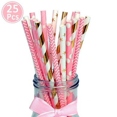 Décoration fête d'anniversaire - 25pcs pailles roses