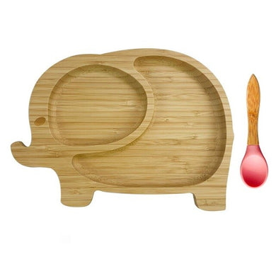 Lot assiette avec ventouse et cuillère en bambou - assiette éléphant et cuillère rouge