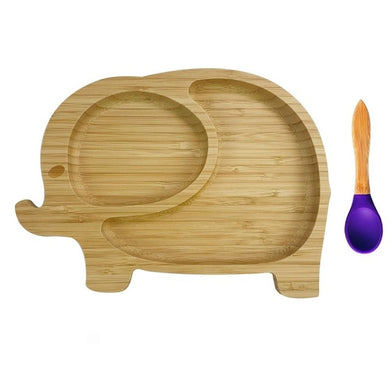 Lot assiette avec ventouse et cuillère en bambou - assiette éléphant et cuillère violette