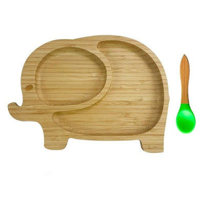 Lot assiette avec ventouse et cuillère en bambou - assiette éléphant et cuillère verte
