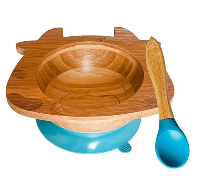 Lot assiette avec ventouse et cuillère en bambouu - assiette creuse bleue et cuillère bleue