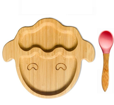 Lot assiette avec ventouse et cuillère en bambou - assiette mouton et cuillère rose