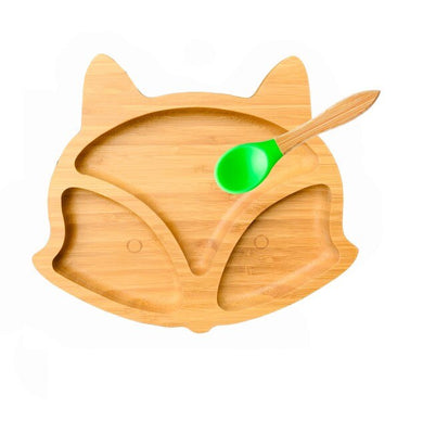 Lot assiette avec ventouse et cuillère en bambou - assiette renard et cuillère verte