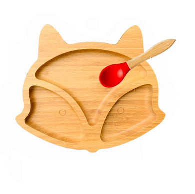 Lot assiette avec ventouse et cuillère en bambou - renard et cuillère rouge