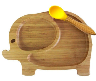 Lot assiette avec ventouse et cuillère en bambou - assiette éléphant et cuillère jaune