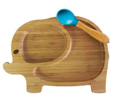Lot assiette avec ventouse et cuillère en bambou - assiette éléphant  et cuillère bleu