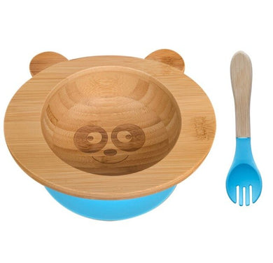 Lot bol avec ventouse et cuillère en bambou - bol bleu et fourchette