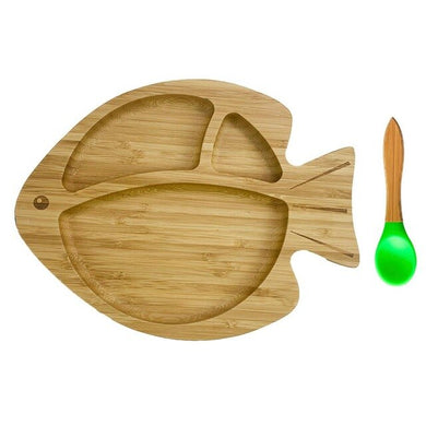Lot assiette avec ventouse et cuillère en bambou - assiette poisson et cuillère verte