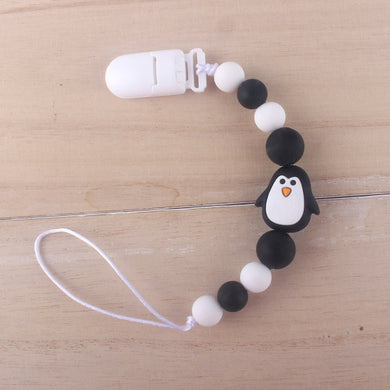 Attache-tétine en Silicone sans BPA avec charme animal - pingouin noir blanc