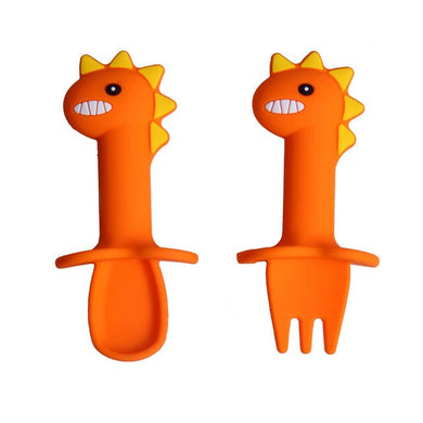 Couverts Ergonomiques - Cuillère et fourchette Dino- orange