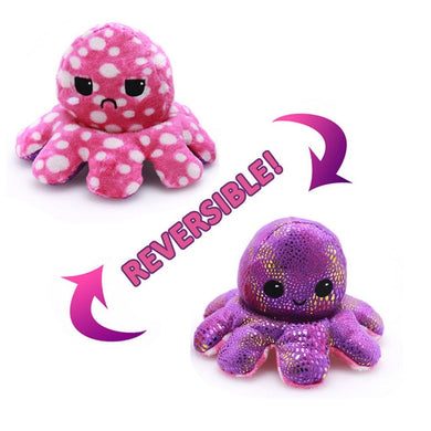 Peluche réversible poulpe - pois roses/violet brillant