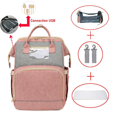 Sac à langer pour bébé avec matelas à langer - rose USB