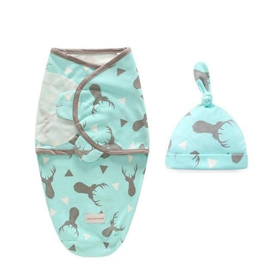 Sac de couchage emmaillotage bébé et son bonnet - bleu motifs cerf