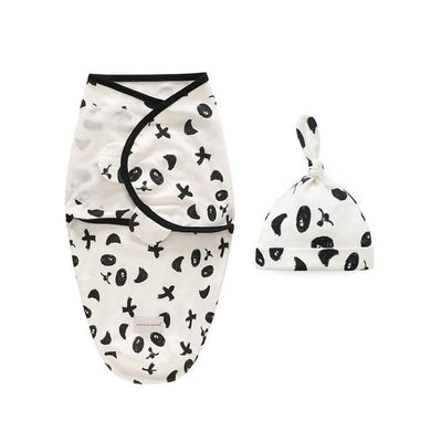 Sac de couchage emmaillotage bébé et son bonnet - blanc motifs panda
