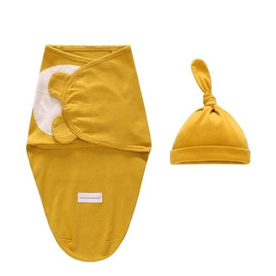 Sac de couchage emmaillotage bébé et son bonnet - jaune foncé